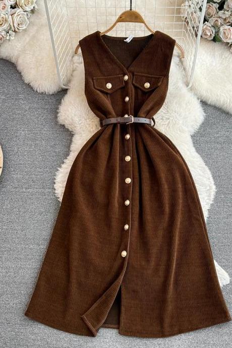 Sleeveless Button-up Midi Dress With Belt - Brown