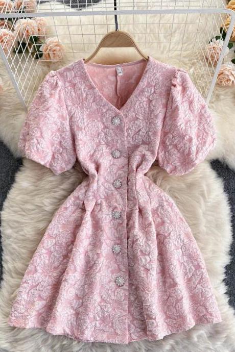 Vintage Pink Lace Floral Short Sleeve Summer Dress