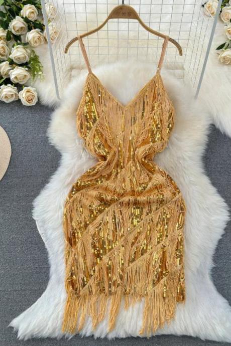 Womens Shimmering Gold Fringe Party Dress Spaghetti Strap
