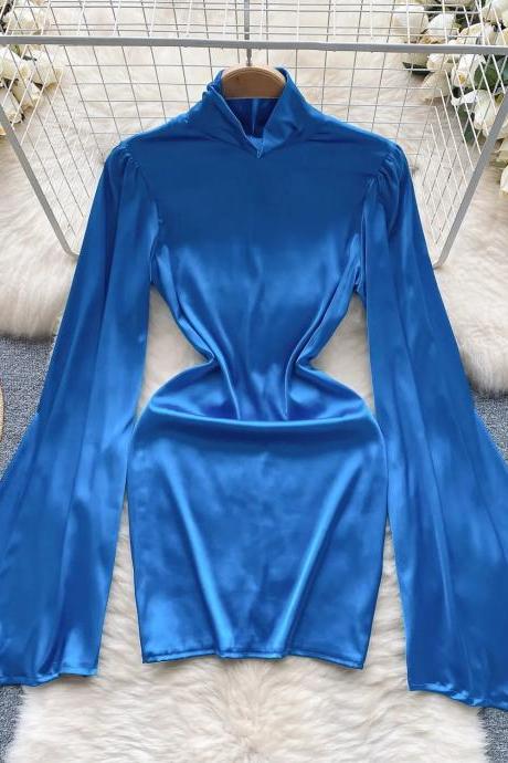 Elegant Long Sleeve Cutout Satin Blouse In Blue