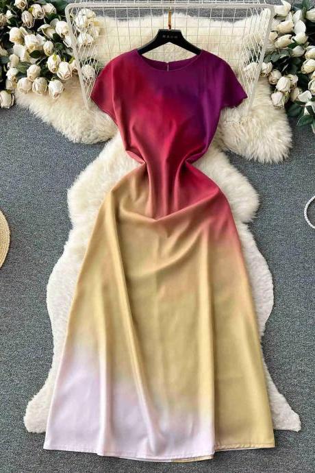 Elegant Ombre Satin Midi Dress With Short Sleeves