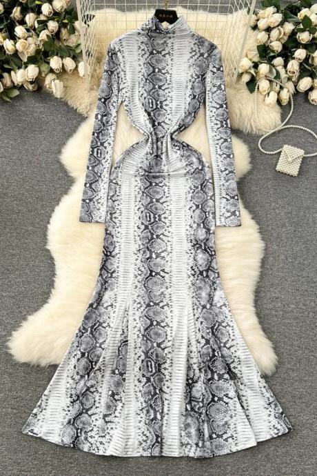 Elegant Long-sleeve Snake Print Midi Dress For Women
