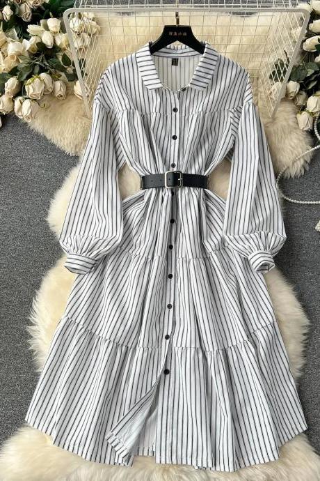 Elegant Striped Belted Midi Shirt Dress For Women