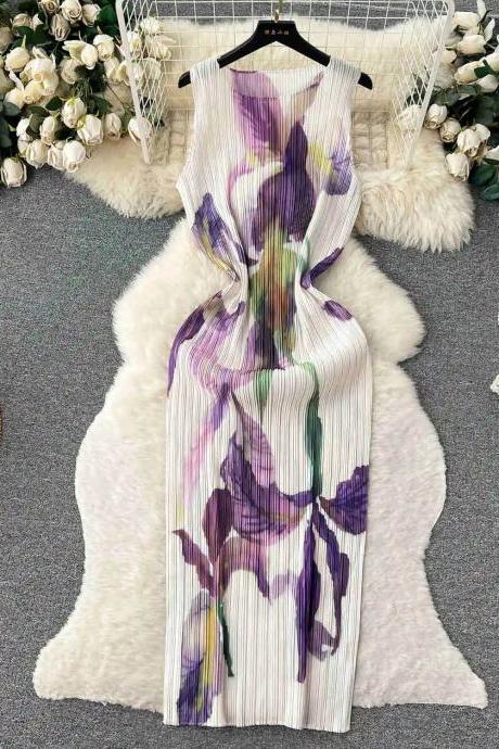 Sleeveless Floral Print Pleated Summer Maxi Dress