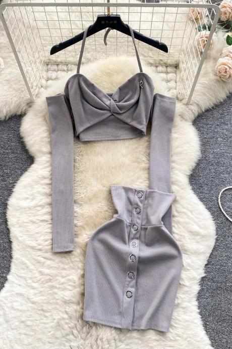 Womens Chic Grey Crop Top With Matching High-waist Skirt