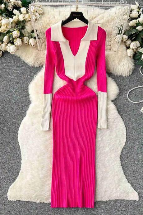 Elegant Contrast Collar Pink Ribbed Knit Midi Dress