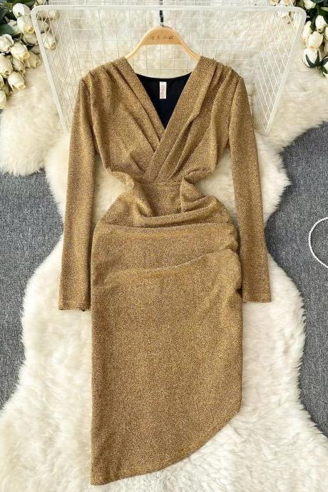 Elegant Gold Wrap Dress For Special Occasions