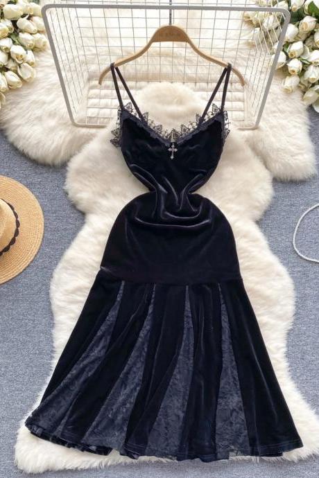 Elegant Velvet Lace Trim Nightgown With Spaghetti Straps