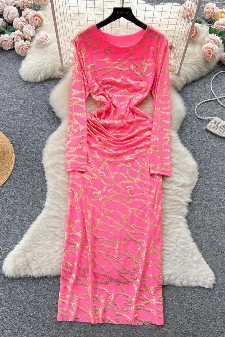 Elegant Pink Chain Print Long Sleeve Bodycon Dress