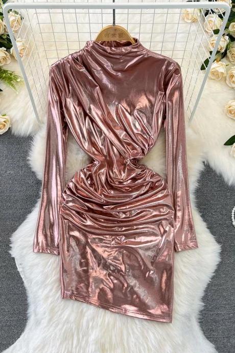 Elegant Long Sleeve Satin Wrap Dress In Rose Gold