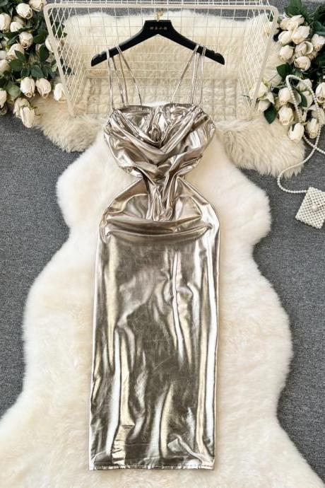 Elegant Metallic Silver Sleeveless Cocktail Evening Dress