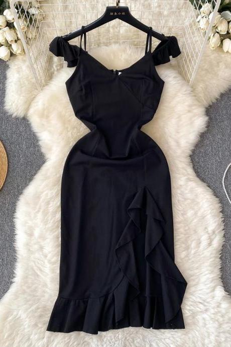 Elegant Sleeveless Black Ruffle Hem Midi Dress
