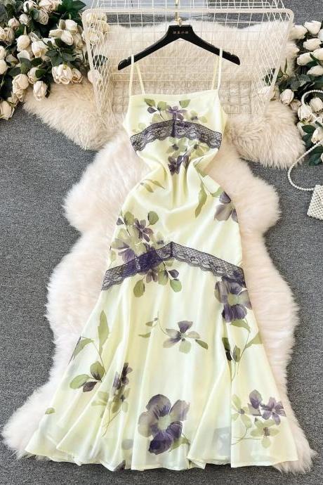 Elegant Floral Lace Trim Satin Slip Dress