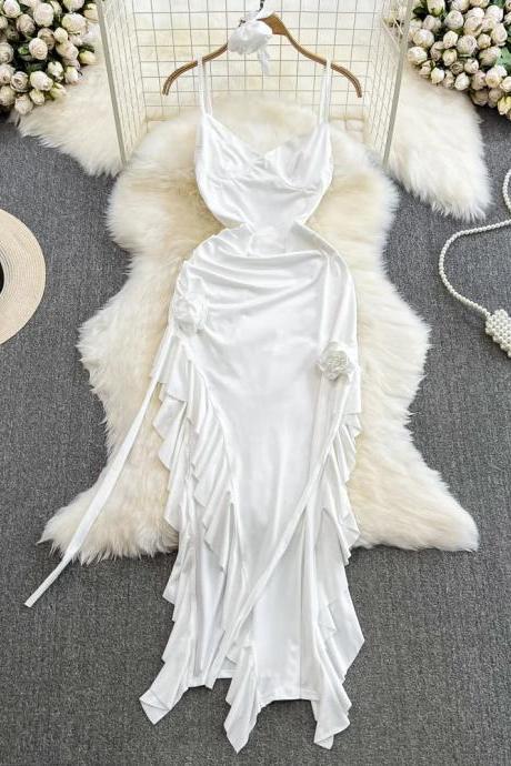 Elegant White Satin Ruffled Maxi Dress With Flowers