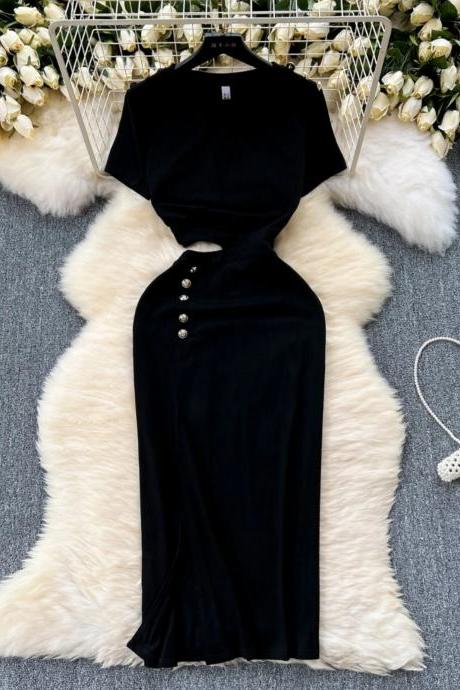 Elegant Black Velvet Midi Dress With Button Accents