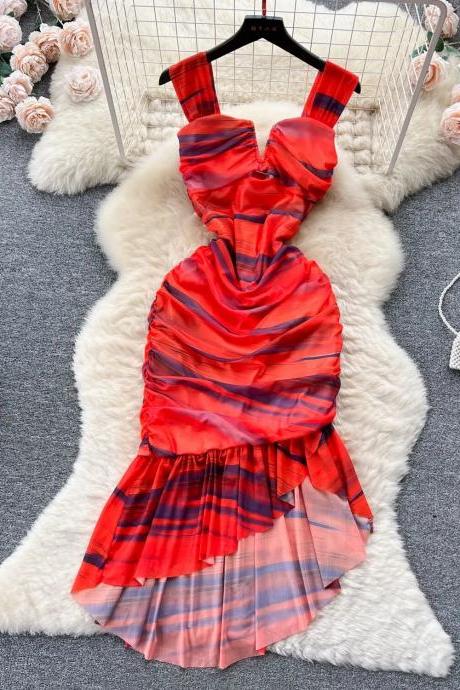 Elegant Red Sleeveless Asymmetrical Ruffle Cocktail Dress
