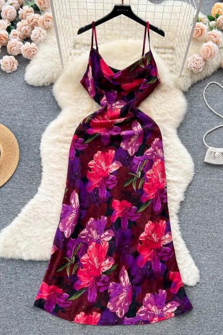 Womens Floral Cowl Neck Satin Cami Midi Dress