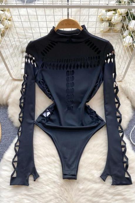 Elegant Long Sleeve Cutout Detail Black Bodysuit