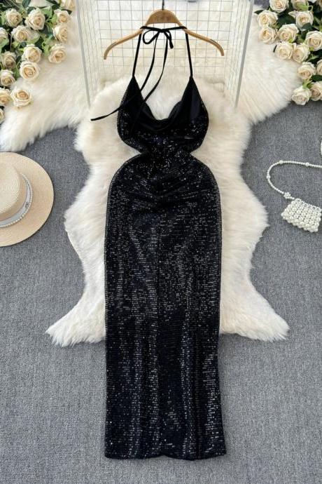 Elegant Black Sequin Halter Neck Evening Gown
