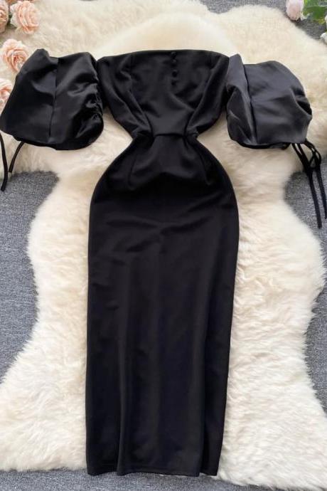 Elegant Black Satin Off-shoulder Midi Dress With Sleeves