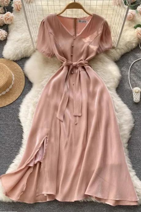 Elegant Dusty Pink Tie-waist Midi Summer Dress