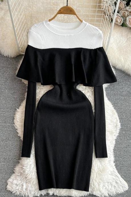 Womens Two-tone Ruffle Top Slim Fit Knit Dress