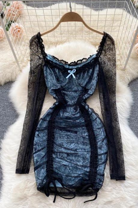 Elegant Black Lace Off-shoulder Long Sleeve Dress