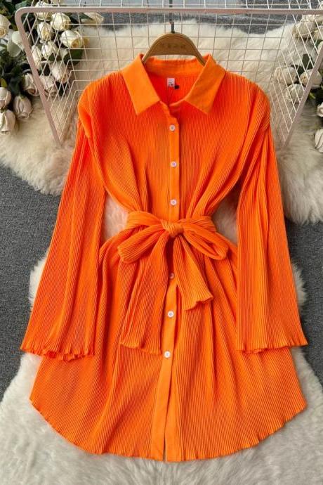 Womens Orange Pleated Shirt Dress With Tie Waist