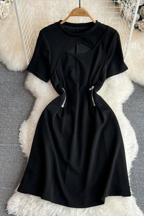 Elegant Black Short Sleeve Cut-out Zipper Dress