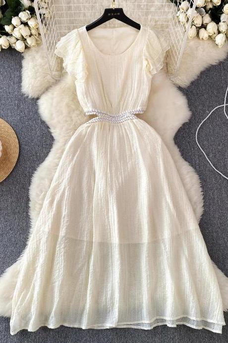 Elegant White Pleated Midi Dress With Beaded Waistband