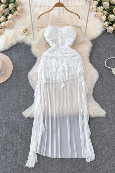 Elegant Ruffled White Midi Dress With Spaghetti Straps