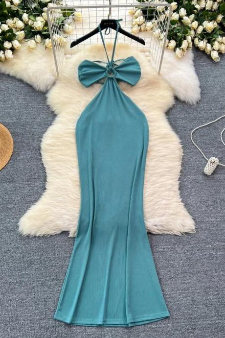 Elegant Teal Halter Neck Dress With Bow Detail