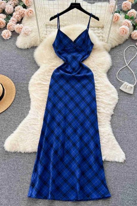 Elegant Blue Plaid Halter Neck Maxi Dress Women