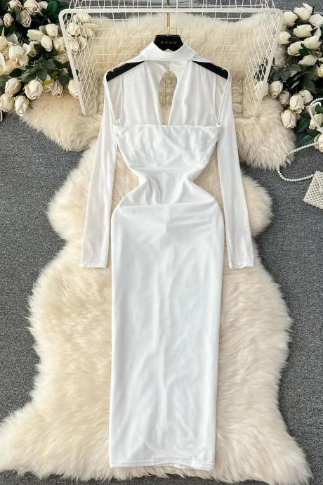 Elegant Cut-out Long Sleeve White Satin Dress