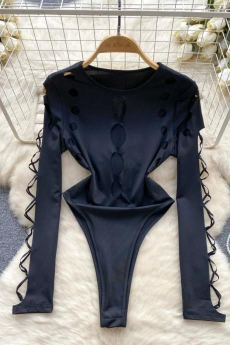 Womens Black Cut-out Bodysuit With Lace-up Sleeves