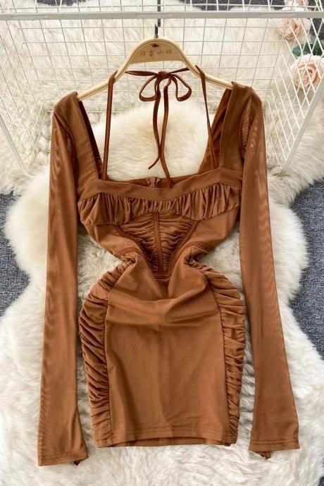 Womens Brown Ruched Long Sleeve Cut-out Crop Top