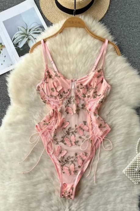 Womens Floral Lace-up Corset-style Bodysuit In Pink