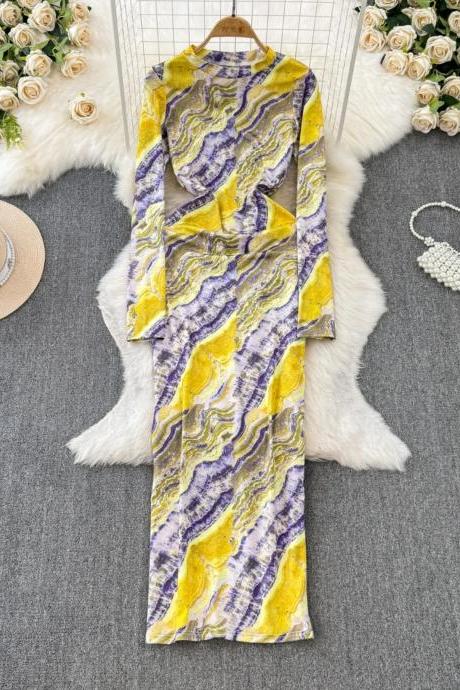 Elegant Long-sleeve Marble Print Maxi Dress For Women