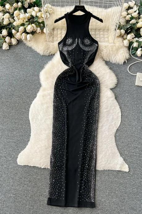 Elegant Halter Neck Black Rhinestone Evening Gown Dress