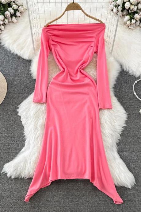 Elegant Off-shoulder Long Sleeve Pink Maxi Dress