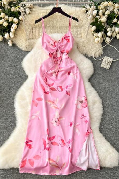 Elegant Floral Satin Slip Dress With Bow Detail