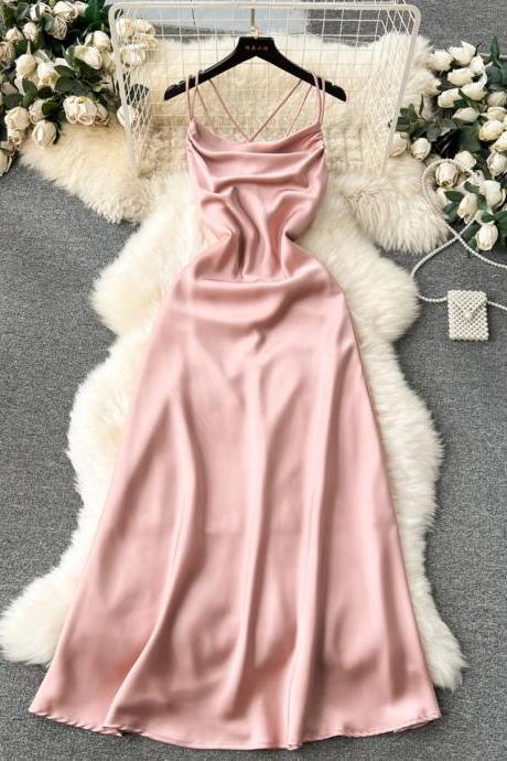 Elegant Satin Cowl Neck Slip Maxi Dress Pink