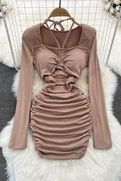 Elegant Long Sleeve Ruched Mini Dress In Taupe