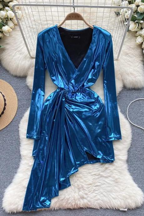 Elegant Deep V-neck Satin Wrap Dress In Blue