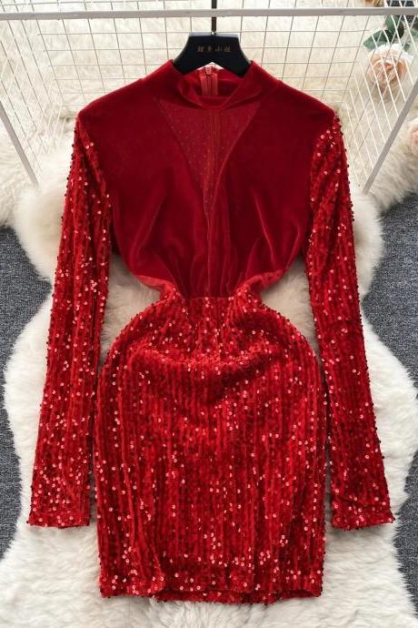 Elegant Red Velvet Sequined Long Sleeve Party Dress