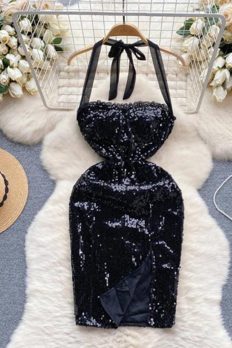 Elegant Black Sequin Halter Neck Cocktail Dress