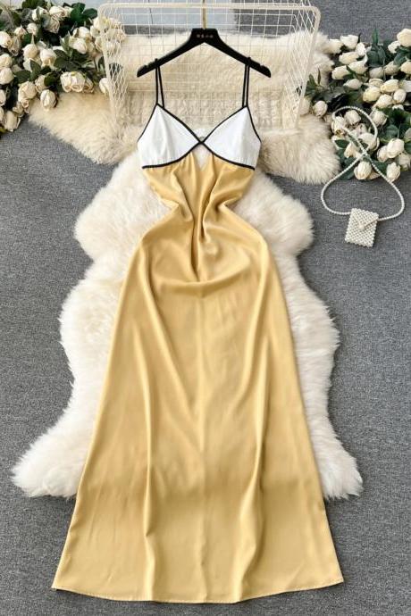 Elegant Gold Satin Slip Dress With Contrast Trim
