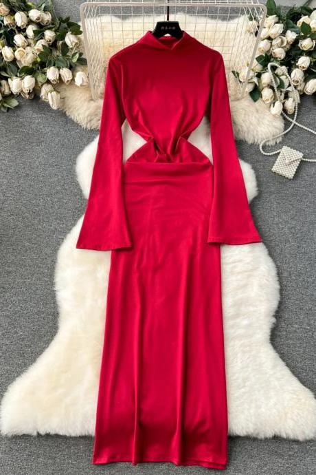 Elegant Red Satin Long Sleeve Cocktail Dress