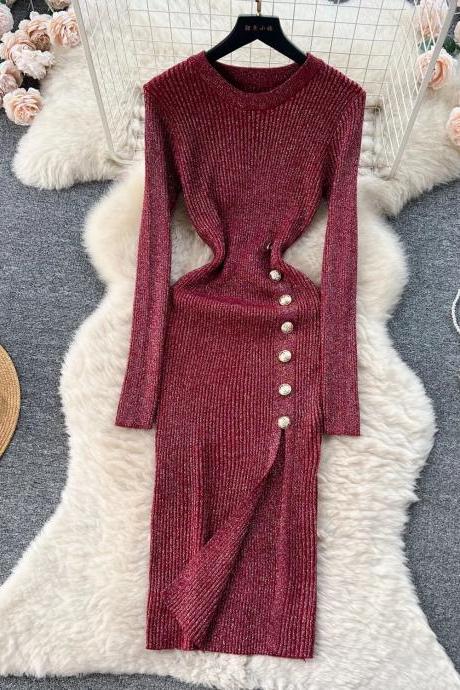 Elegant Ribbed Knit Side-button Midi Dress For Women