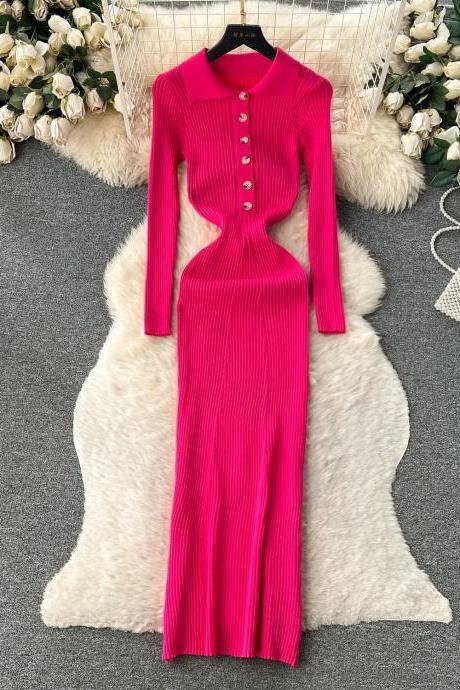 Elegant Ribbed Button-front Pink Midi Dress For Women